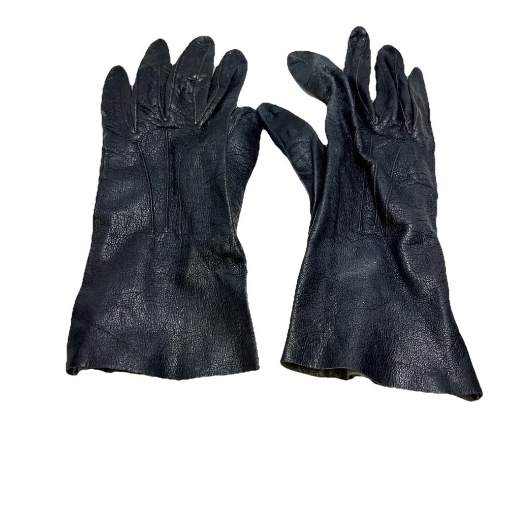Vintage Black Leather Gauntlet Work Gloves Motorcycle Riding Utility